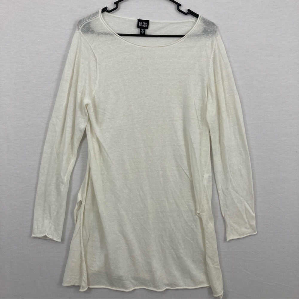 Eileen Fisher White Cream Side Slit Linen Blend Long Sleeve Tunic Large